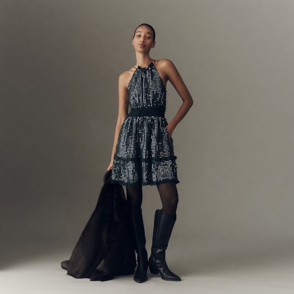 Anthropologie Somerset Shine‎ Mini Halter Dress Dark Green Sequin XS Party Event